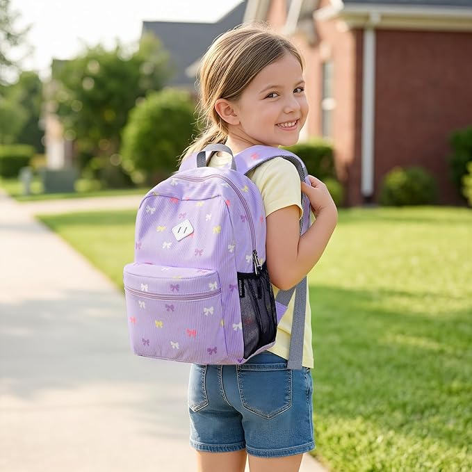 STEAMEDBUN Corduroy Kids Backpack for Girls 3-8, Girls Backpack for Elementary Kindergarten - Purple Bow
