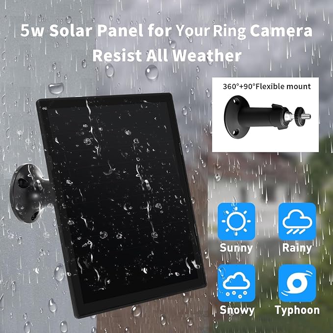 Solar Panel Charger for Ring Camera, Compatible with Ri ng Stick Up Cam, Stick Up Cam Pro, Ring Spotlight Cam Plus/Pro, 6W5V 13ft Charging Cable (Black-2Pack)