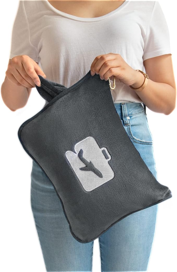 EverSnug Travel Blanket and Pillow Value Bundle - 2 in 1 Airplane Blanket with Soft Bag Pillowcase, Hand Luggage Sleeve and Backpack Clip | Color Includes Black & Grey
