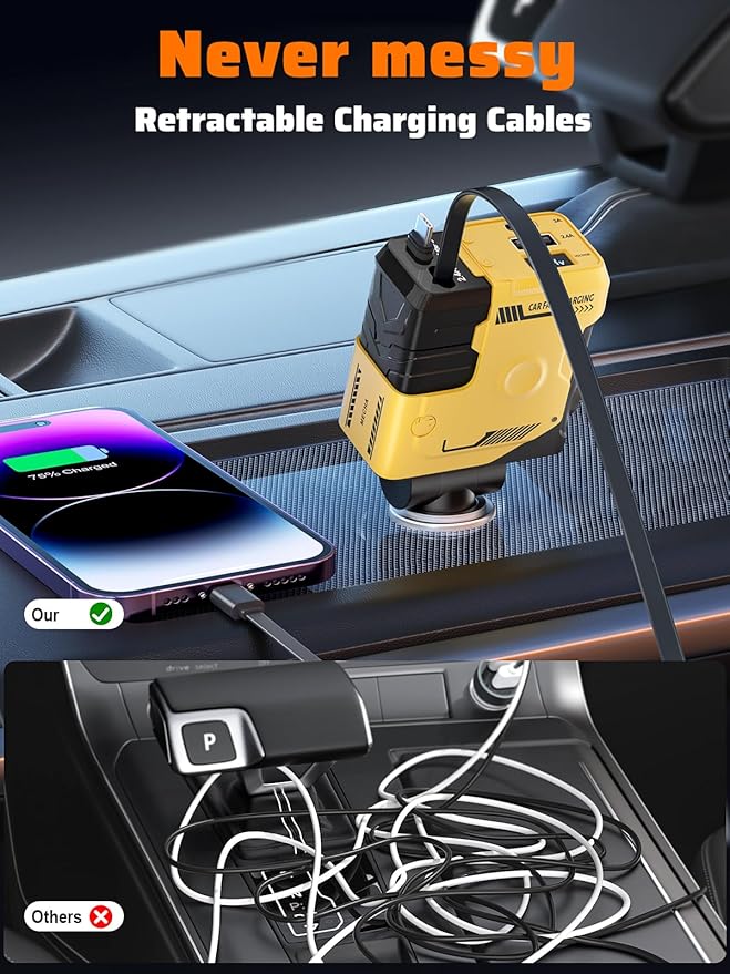 Retractable Car Charger with Retractable Cables (31.5 inch), 4 in 1 Super Fast Car Phone Charger, 2 USB Ports Car Charger Adapter, Compatible with iPhone 15 14 13 12 11 Pro Max, iPad, Pixel