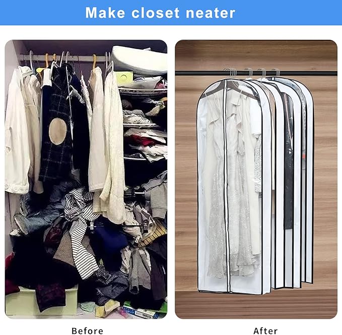 Mskitchen Clear Garment Storage with 4" Gusseted Hanging Covers - Durable, Transparent Protectors for Long Coats, Gowns, Dresses - 24"x 60"x 4" / 6 Pack