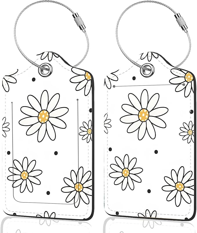 2Pack Luggage Tags for Suitcases, Cute Unique Pu Leather Cruise Luggage Tag with Privacy Cover ID Label Address Card and Metal Ring Suitable for Women Men Kids Travel Bag Black-lined Flower