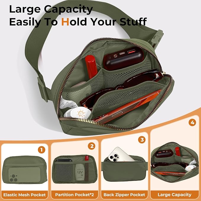 Belt Bag Zipper Fanny Pack Crossbody Bags for Women,Fashion Nylon Waist Packs, Water Repellent Two Way wear with Adjustable Strap Gifts for Teenage Girls Women Men(dark green)