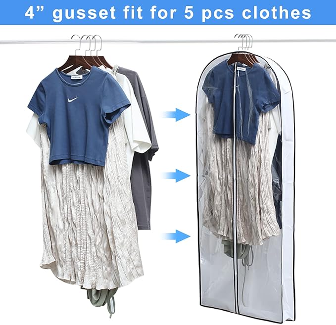 MsKitchen Hanging Clothes Storage with 4" Gusseted Garment Covers (Set of 6) - Clear Suit, Gown, Long Coat, Dress Protectors for Closet - 24"x 50"x 4" / 6 Pack