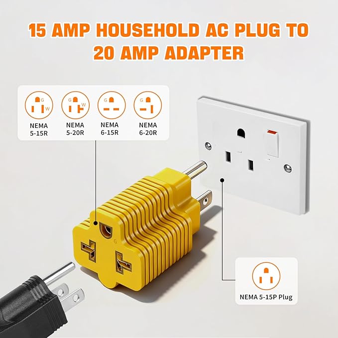 4-in-1 15 Amp to 20 Amp -1ft Extension Cable&Power Adapter， T Blade Adapter - 5-15P to 5-20R, 6-15R, 6-20R，12AWG AC Power Plug Adapter Cable
