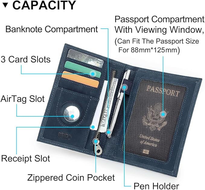CONTACTS Full Grain Leather Passport Holder RFID Blocking Travel Passport Wallet Compatible with Airtag Passport Cover Case with 4 Cards Slots, Coin Pocket (Blue)