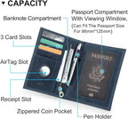 CONTACTS Full Grain Leather Passport Holder RFID Blocking Travel Passport Wallet Compatible with Airtag Passport Cover Case with 4 Card Slots, Coin Pocket (US Passport Stamp, Blue)