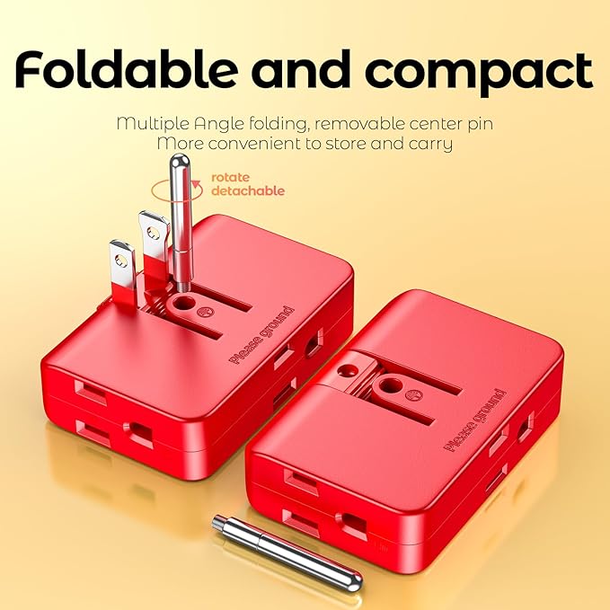 Red 3-Prong Outlet Splitter & Plug Extender - Converts 2 to 3 & 3 to 2 Prong, Multi-Plug Wall Adapter, Side Plugs for Wall Outlet, Rotating Outlet Adapter, 2 Pack