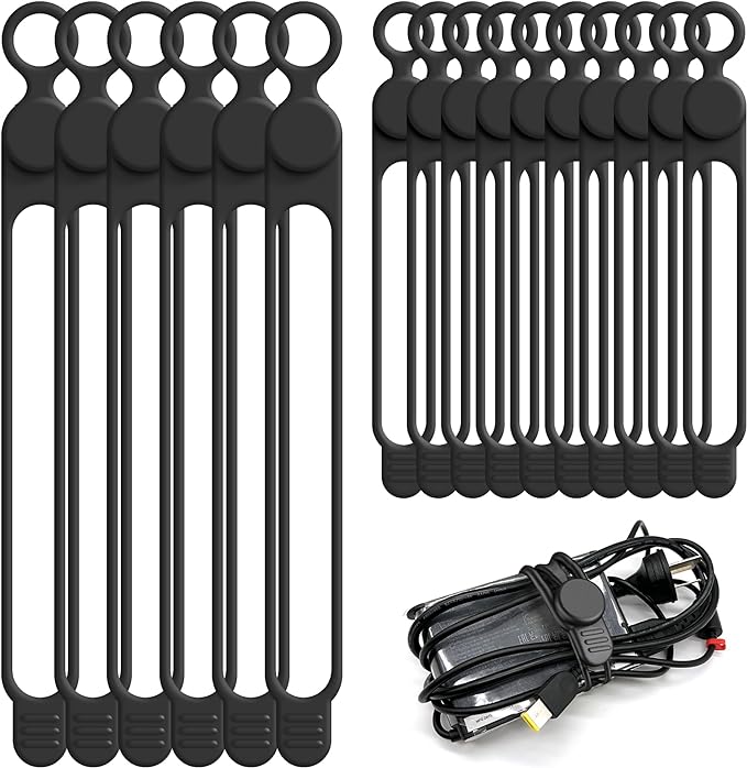 Silicone Cable Ties Cord Organizer for Cable Management, 16PCS 4.2" and 7.1" Reusable Cable Organizer Electronic Accessories for Home, Office, Kitchen, School, Travel (Black)