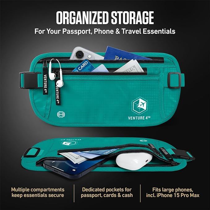VENTURE 4TH Money Belt for Travel – Slim Hidden Under-Clothes RFID Blocking Anti-Theft Passport Holder & Travel Wallet Pouch for Men & Women to Protect Cash, Cards & Documents (Turquoise)