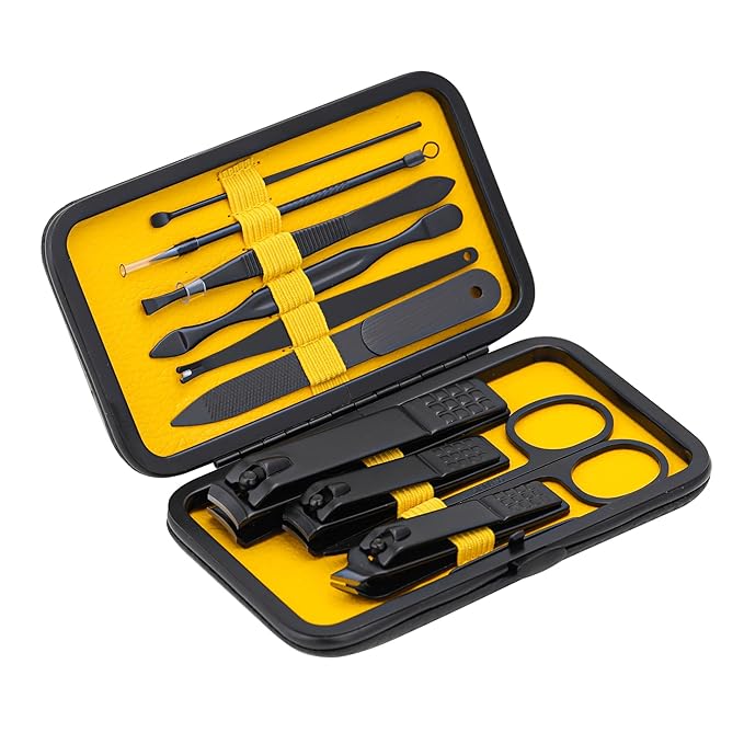 Glamne Manicure Set Nail Clippers Kit Professional Stainless Steel Nail Care Tools with Leather Travel Case 10 in 1 Yellow