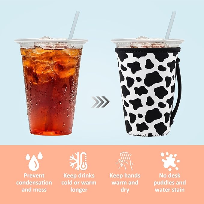 KJQJLY 3 Pack Reusable Iced Coffee Sleeves for Iced Coffee Cups or Drinks Reusable Neoprene Insulated Sleeves for Hot and Cold Drinks from Starbucks, Dunkin, And More (Cows)