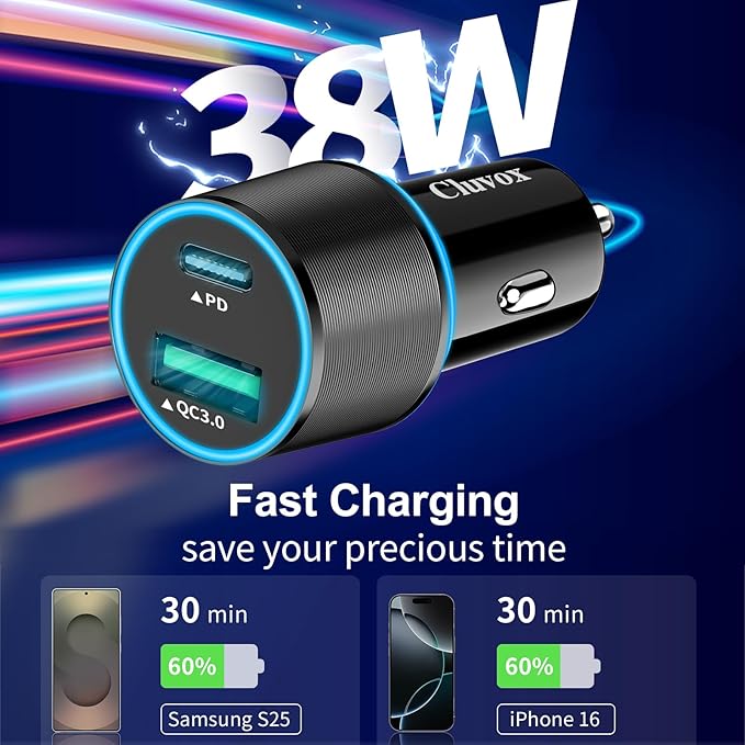5 Pack 38W USB C Car Charger Adapter, 20W Fast USBC & 18W Rapid QC3.0 Ports, 12V Cigarette Lighter Adapter, Type C Auto Plug Outlet Accessories for iPhone 17 16 15 14, Samsung S26, Android Cell Phone