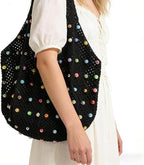 Boho Crochet Beach Tote Shoulder Bag with Colored Beads | Colorful Aesthetic Hippie Knit Bag for Women