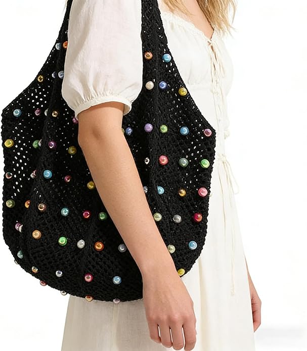 Boho Crochet Beach Tote Shoulder Bag with Colored Beads | Colorful Aesthetic Hippie Knit Bag for Women