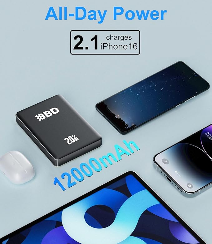 BBD 12000mAh Magnetic Portable Charger Power Bank for iPhone,1 Pack 20w Fast Charging Wireless Power Bank with USB C Cable in&Out Put Magsafe Battery Pack for iPhone 16 15 14 Magsafe Accessories Gold