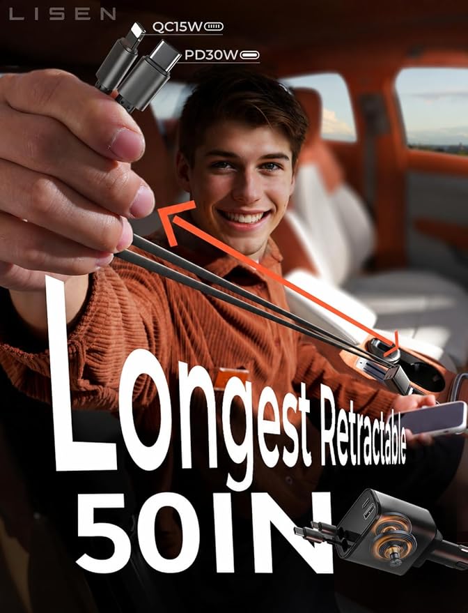 LISEN Retractable Car Charger, [2026 Upgrade 50 inch ] Long 4 in 1 Retractable Cable Car Charger, USB C Car Charger Fast Charging for iPhone 17 16 15 14 13 12 11 X Pro Max Plus Mini, Samsung S26 S25