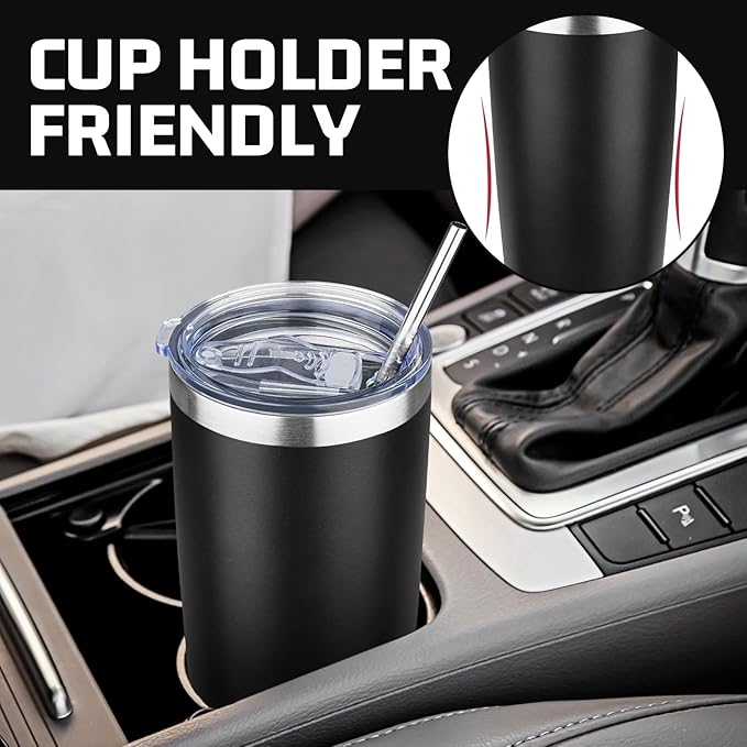 20 oz Tumbler with Lids and Straws, Stainless Steel Insulated Travel Coffee Mug, Double Wall Vacuum Insulated Tumblers, Powder Coated Coffee Tumbler for Cold & Hot Drinks (Black,6pack)