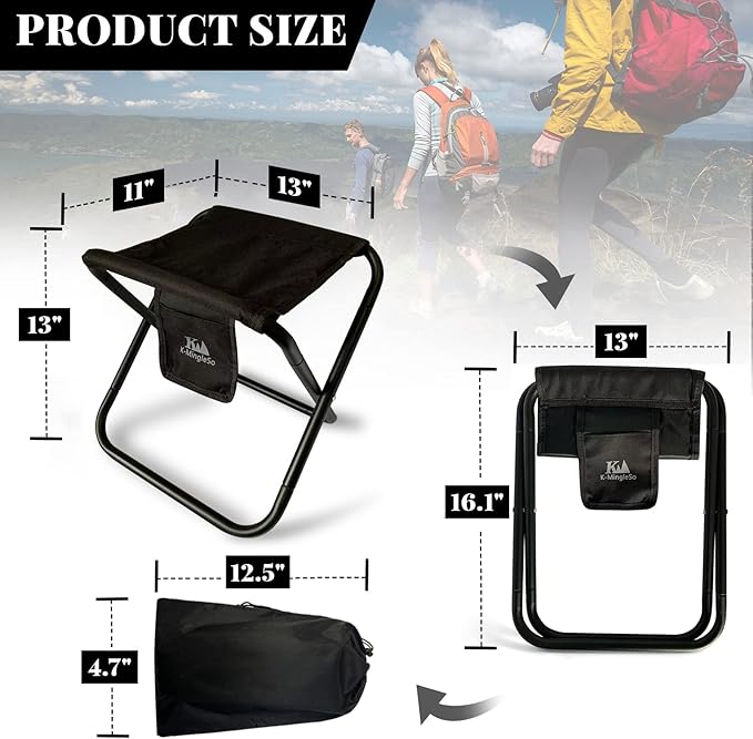 Upgraded Portable Folding Stool, 13 Inch Camping Stool for Adults Fishing Hiking Gardening and Beach with Carry Bag, Hold Up to 450lbs[Black]