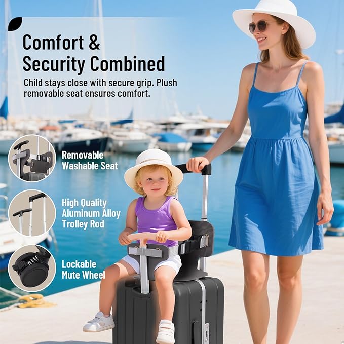 Apelila 20" Ride-On Suitcase with Seat, Double Handle Carry On Luggage with Mesh Pocket & Side Hooks, Hard Shell Spinner Wheels, TSA Lock & Seat Belt