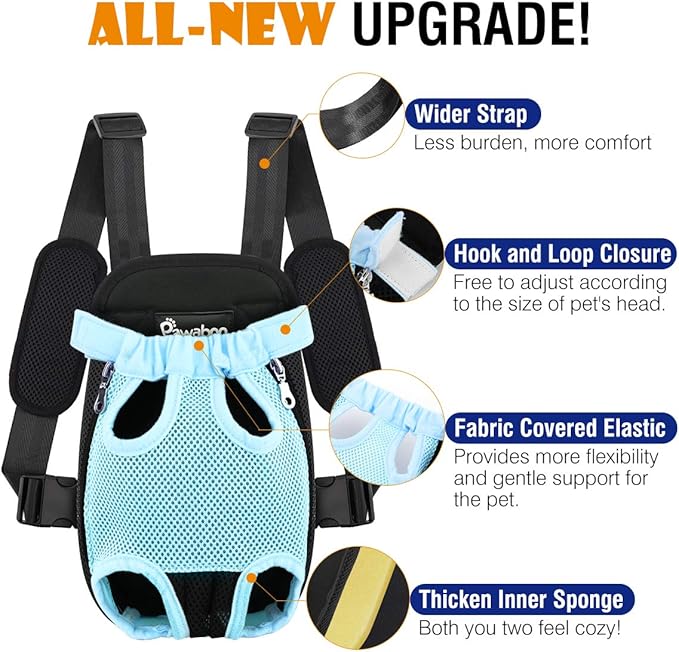 Pawaboo Pet Carrier Backpack, Adjustable Pet Front Cat Dog Carrier Backpack Travel Bag, Legs Out, Easy-Fit for Traveling Hiking Camping for Small Medium Dogs Cats Puppies, Medium, Blue