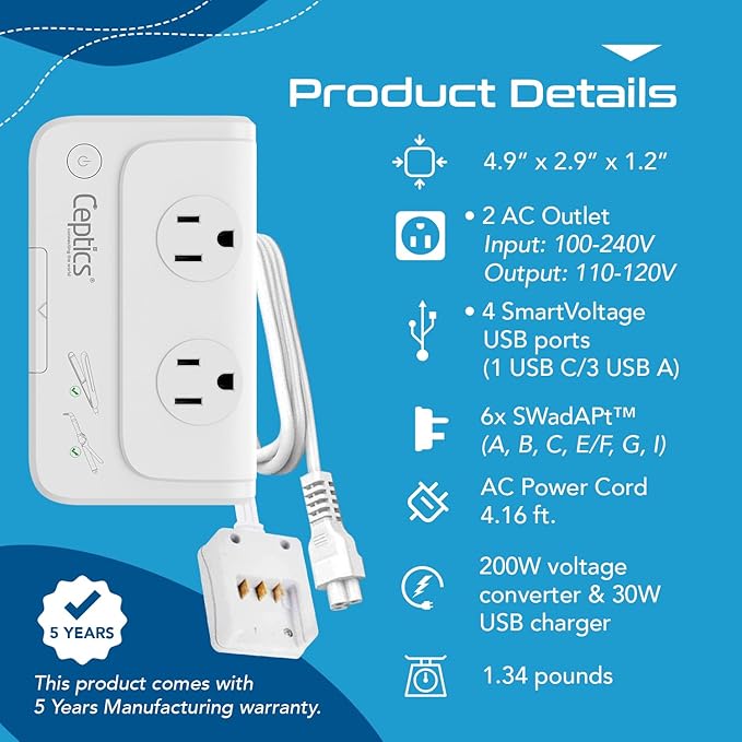Ceptics Travel Voltage Converter -200W Convert 220V to 110V for Curling Iron, Straightener, Charger Step Down World Power Plug - 4 USB PD 18W Fast Charging - SWadApt - Type A, B, C, E/F, G, I Include