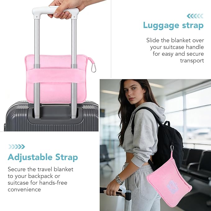 SINLAND Travel Pillow and Blanket 2-in-1 Set,Airplane Packable Bag,Soft and Lightweight Plane Flight Car Trips Travel Essentials Gift,Hand Luggage Sleeve and Backpack Clip,60x50 Inch Pink