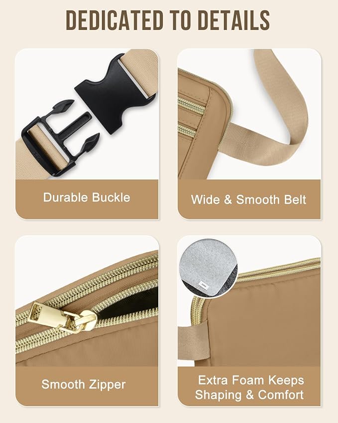Capolo Fanny Packs for Women Fashion Waist Packs Bag with Adjustable Strap and 4 Zipper Pockets Waterproof Everywhere Crossbody Belt Bag for Workout Running Travelling(Khaki)