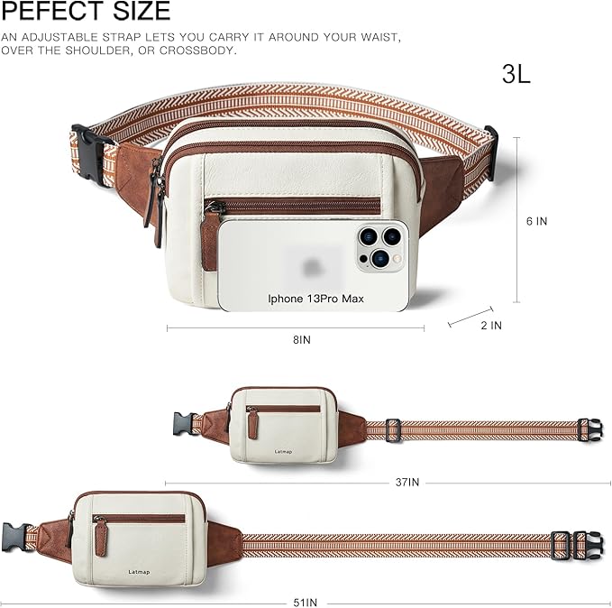 LATMAP 3L TRIPLE ZIP Fanny Packs Belt Bag For Women Men Crossbody Waist Pack Sling Chest Bum Travel Bag Purse Faux Leather Fashion Cute Beige
