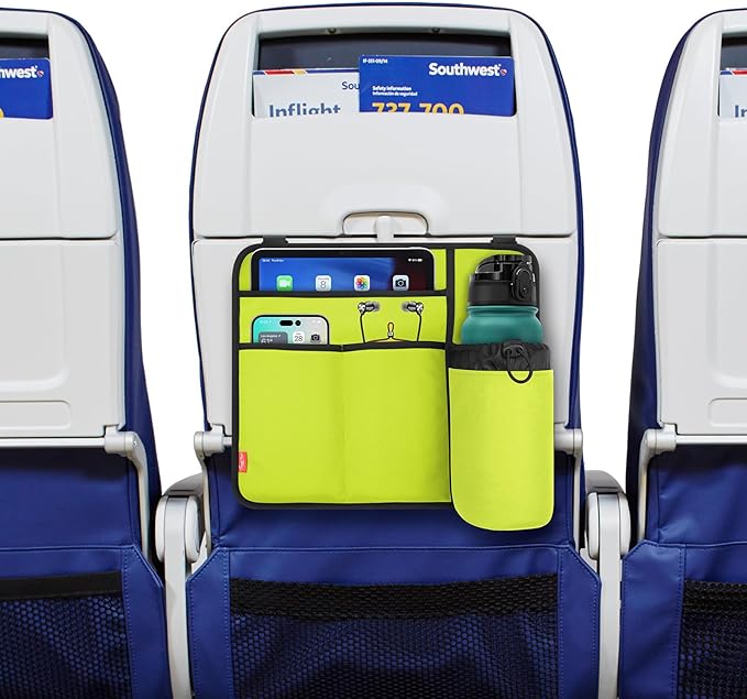 Airplane Seat Back Organizer & Storage, Airplane Tray Table Cover for Personal Items, Airline Seat Hanging Pockets Media Pouch,Reusable Travel Essentials,Fits Tablets,Cell Phone,Water Bottle (Green)