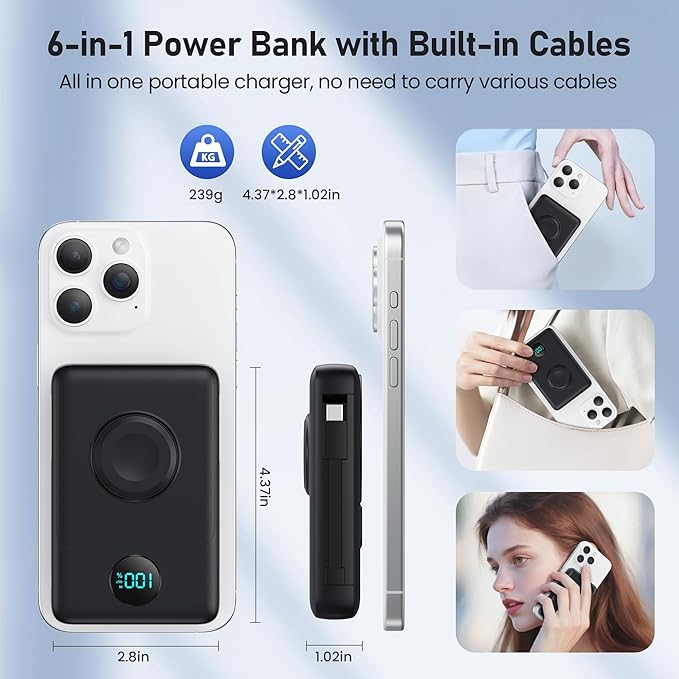 Magnetic Portable Charger for MagSafe with Built-in Cable,iWatch Charger,10800mAh Wireless Power Bank Travel Essentials,25W PD Fast Charging Battery Pack for iPhone 17/16/15/14/13/12,Apple Watch-Navy