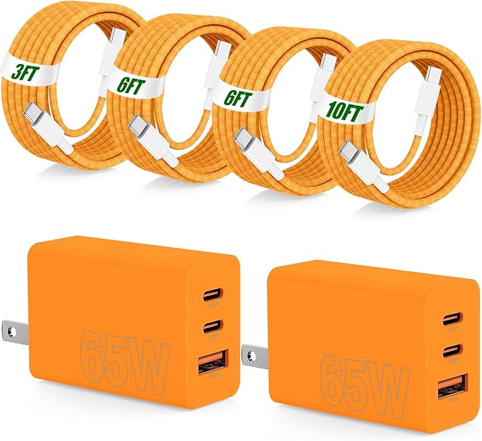 65W Super Fast Charging USB C for iPhone 17 16 Pro Max,3 Port 100W USB C Charger Block & 3/6/6/10FT Braided Type C Cord for iPhone 17 16 Pro,iPhone 15 ProMax,for Samsung S26 Ultra/MacBook Air-Orange