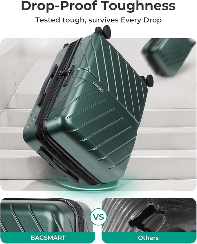 BAGSMART Carry on Luggage 22x14x9 Airline Approved with TSA Lock, 100% Polycarbonate Hardside Suitcase with Spinner Wheels, Olive-Green