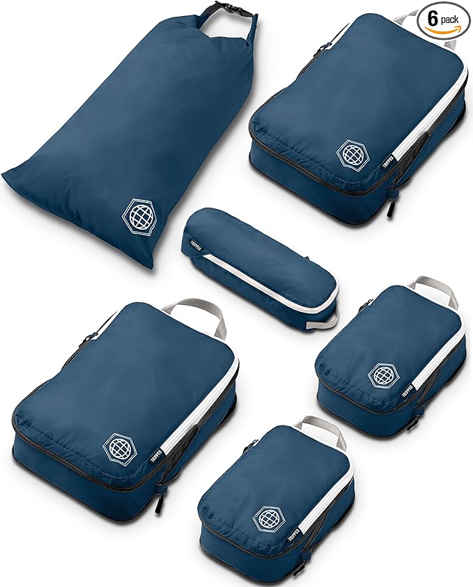 Compression Packing Cubes for Travel, 6-Piece Lightweight Packing Cubes Set for Carry-On Luggage & Backpacks – TRIPPED Travel Gear (Navy Blue and White)