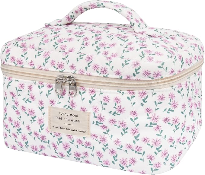 Gosect Large Makeup Bag, Cute Cosmetic Bag for Women Girls, Floral Coquette Aesthetic Toiletry Bag, Travel Make Up Organizer Bag (Purple Flower)