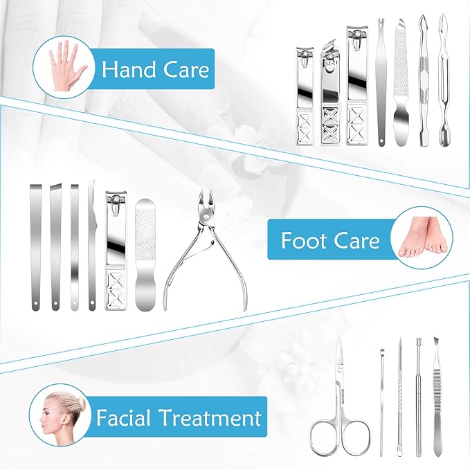 Teamkio 18pcs Manicure Set Pedicure Nail Clippers Set Travel Hygiene Kit Stainless Steel Professional Cutter Care Set Scissor Tweezers Knife Ear Pick Tools Grooming Kits with Leather Case