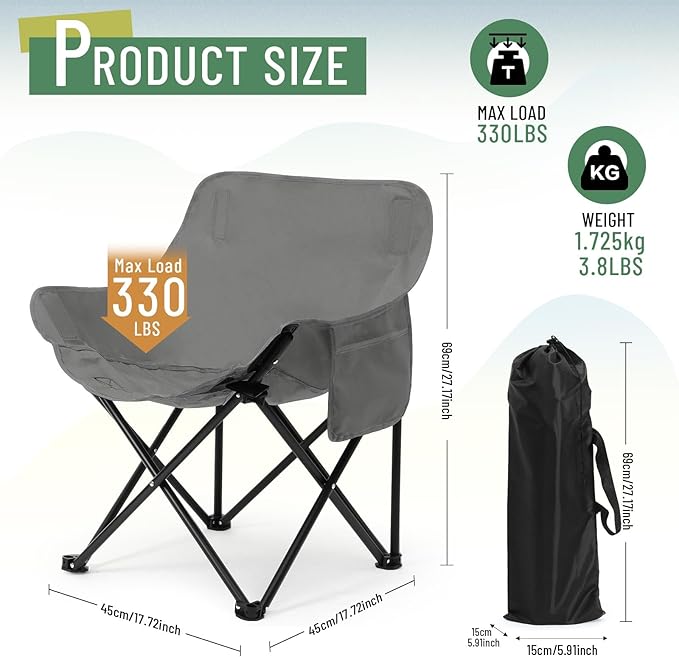 2 Pack Compact Camping Chairs Portable Folding for Outside with Carry Bag Lightweight Moon Chairs for Travel Picnic Hiking Beach Fishing, 600D Oxford, Supports 330lbs(Grey, Black)