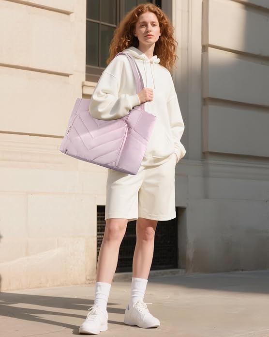 LOVEVOOK Puffer Tote Bag for Women, V-Quilted Puffy Teacher Tote Nurse Bag, Large Shoulder Laptop Purse for Work Travel Gym