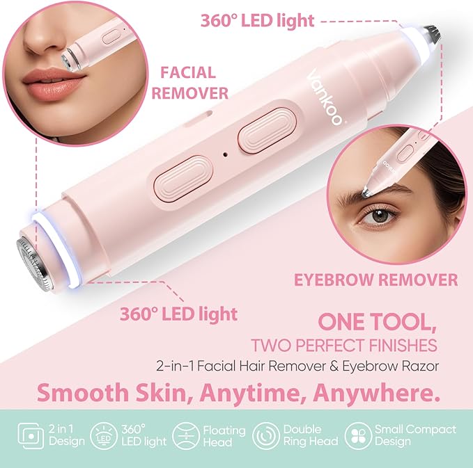 Facial Hair Remover & Eyebrow Trimmer - 2 in 1 Eyebrow & Face Shaver for Women - Rechargeable Face Razors for Women with Built-in LED Lights - Painless Hair Removal for Flawless Skin & Makeup