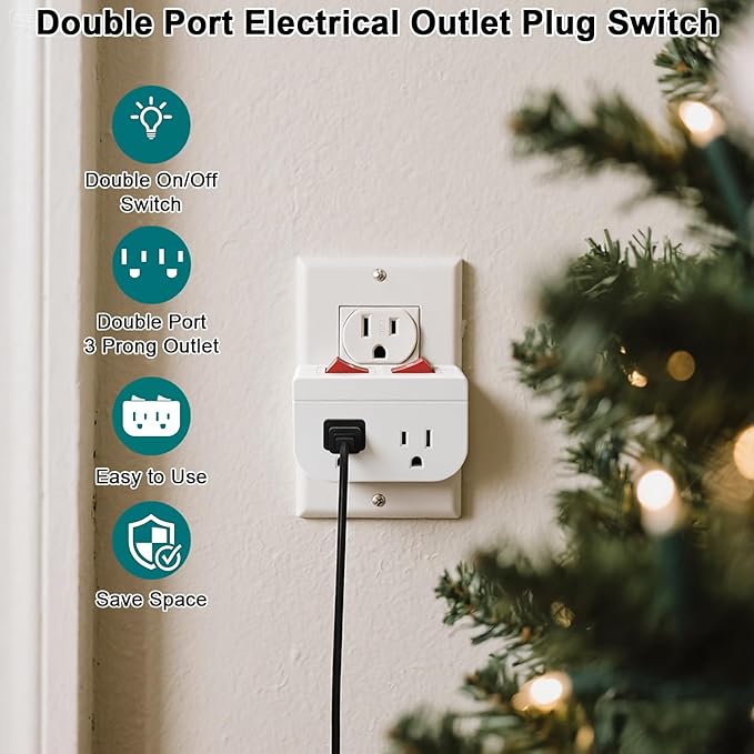 Oviitech Grounded Outlet Wall Tap Adapter with Red Indicator On/Off Power Switch (3 PK/Double Switch)