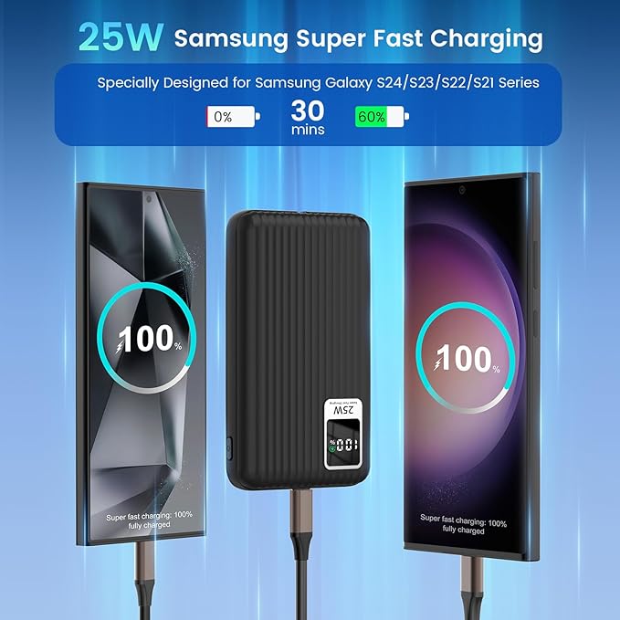 25W Super Fast Charging Portable Charger Power Bank with Built in Cable, 10000mAh Slim USB C Power Bank for Samsung Galaxy S26 Ultra/S26/S26+/S25 Ultra/S25/S24 Ultra/S24/S23 Ultra/S22 Ultra/Note 20