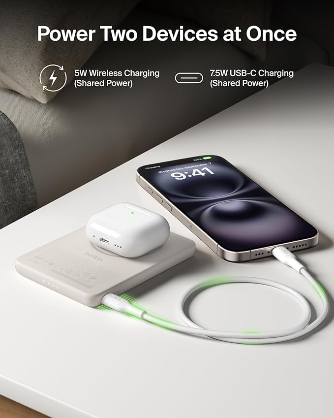 Belkin MagSafe Power Bank 5,000mAh, Ultra-Slim Portable Charger Magnetic Back Supports MagSafe Accessories On-The-Go, Wireless Battery Pack w/USB C Cable for iPhone 17, Pixel 10, Travel - Sand