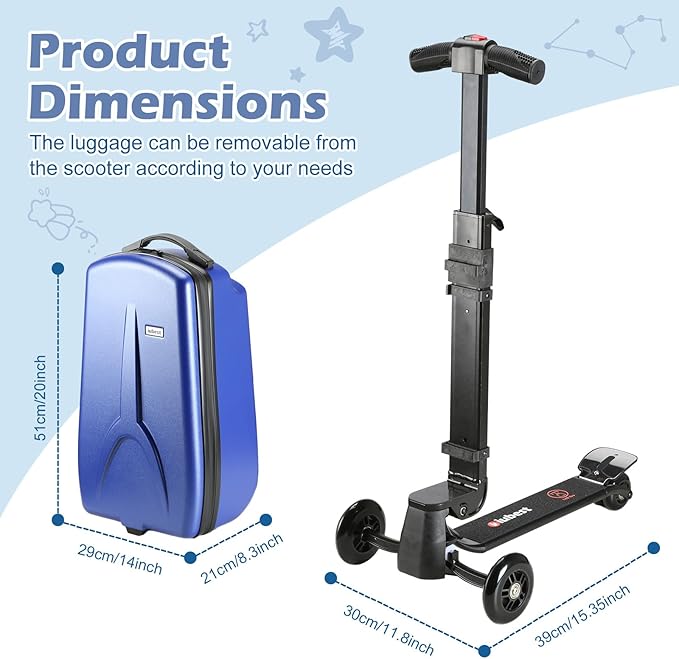 Scooter Luggage for Kids Scooter Suitcase for Ages 4-12, 4 in 1 Kids Luggage Boarding Suitcase Detachable & Foldable Scooter Travel Trolley Ride On Luggage-Blue