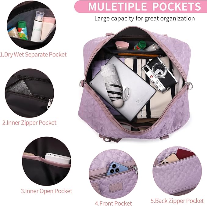 Wogarl 4PCS Weekender Bags for Women Large Overnight Weekend Travel Duffel Carry on Shoulder with Shoe Compartment Canvas Toiletry Bag for Travel Business Gym