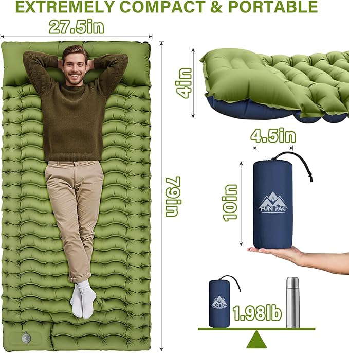 FUN PAC Camping Sleeping Pad, Ultralight Camping Mat with Pillow, Built-in Foot Pump Inflatable Sleeping Pads Compact for Camping Backpacking Hiking Traveling Tent,Single,Green
