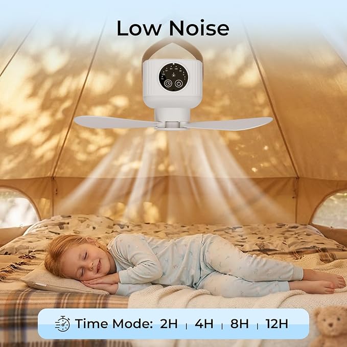 Portable Camping Fan, 7200 mAh Tent Fans with LED Light, Remote Control, Detachable Blades and Hook 4 Speeds 3 Brightness Timer Ceiling Fan for Tents Car Picnics Travel