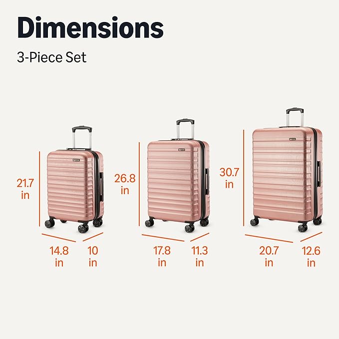 Amazon Basics 3-Piece Hardshell Suitcases Set (21", 26", 30"), Expandable For Up to 25% More Space, With Scratch-Resistant Finish, Four Multi-Directional Wheels, Rose Gold