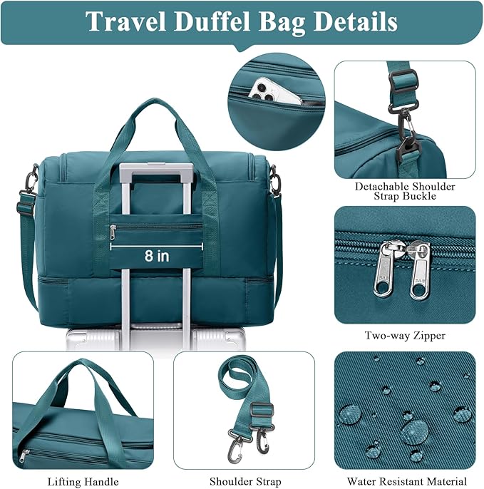 Large Travel Duffle Bag,Carry on Overnight Weekend Bag with Shoes Compartment,Weekender Bags for Women for Travel Business Trips Sport Hospital,2Pcs,Peacock Blue