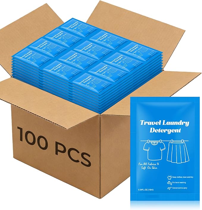 100 Pack Travel Laundry Detergent Bulk, Portable Single Use Liquid Laundry Soap, Verbena Scented, 20ml Mini Individual Pack TSA Approved Travel Size for Traveler, Cruise, Hostel & Camping Essentials