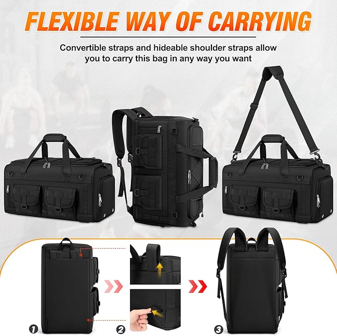 RAINSMORE 3 in 1 Gym Bag for Men, 45L Large Sports Duffle Bag with Shoe Compartment and Wet Pocket, Water-Resistant Tactical Backpack Carry On for Travel, Workout & Military Gear, Black